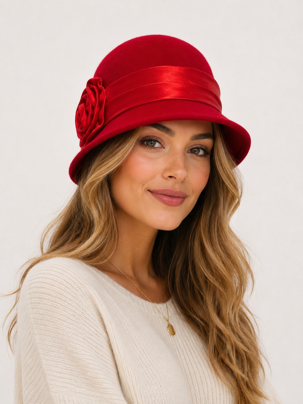 Angela Williams Red Wool Cloche Hat With Rosette Accent Sz. Osfm